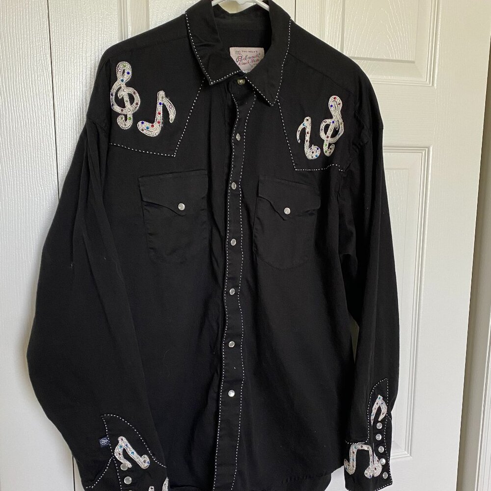 Vintage Tru-West Rockmout Ranch Wear MusicNote Rhinestone Pearl Snap Shirt MenXL
